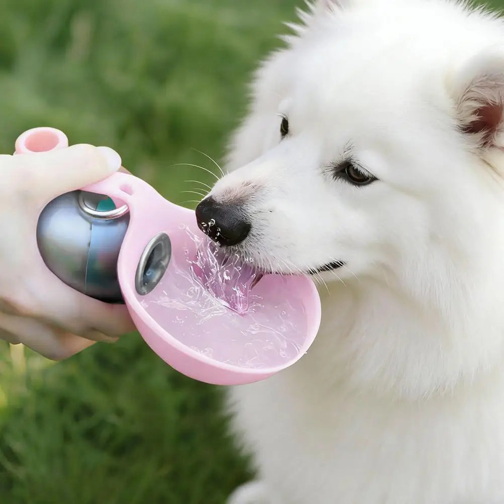 Botella de agua portátil para perros con dispensador integrado y cuenco plegable de silicona. Diseño a prueba de fugas, ideal para senderismo, viajes, y paseos